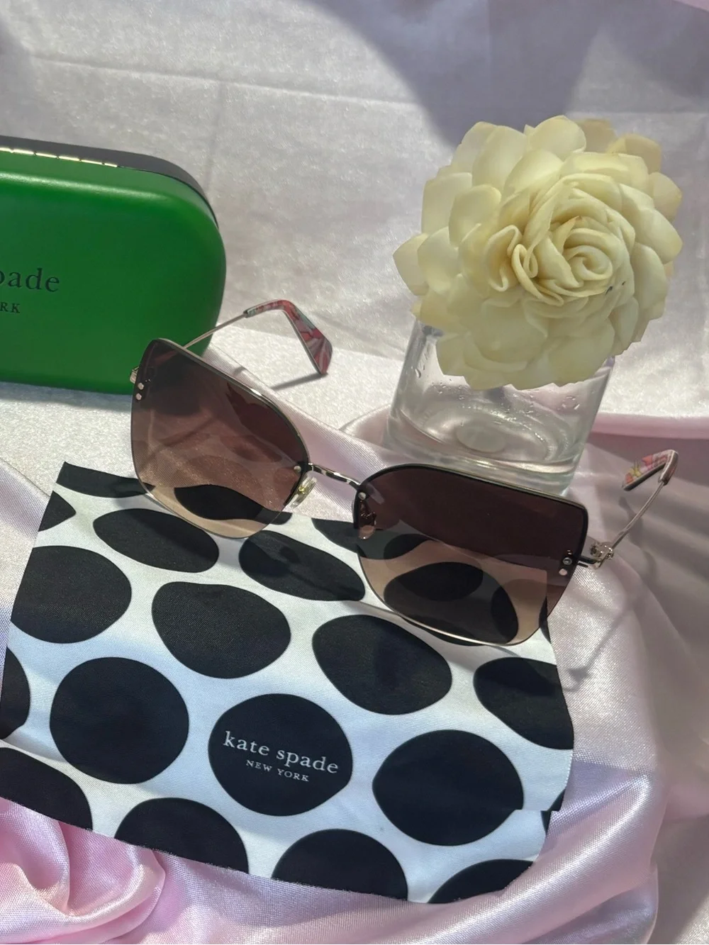 kate spade Green Sunglasses Case with Black & White Polka Dot Pouch